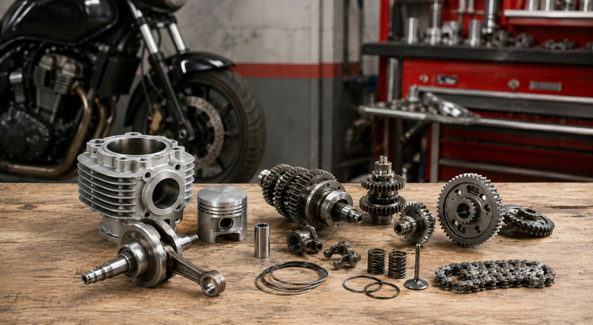 Various motorcycle engine parts displayed on a wooden surface